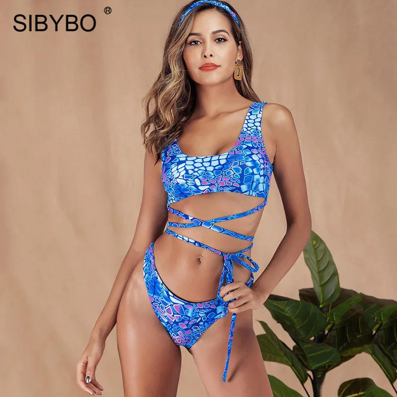 Женский купальник бикини SIBYBO бандажный купальный костюм с высокой талией