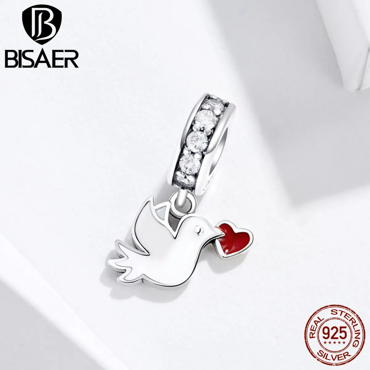 

BISAER Love Charms 925 Sterling Silver Romantic Love Messenger Bird Beads White Enamel Charms fit Original DIY Bracelets ECC1227