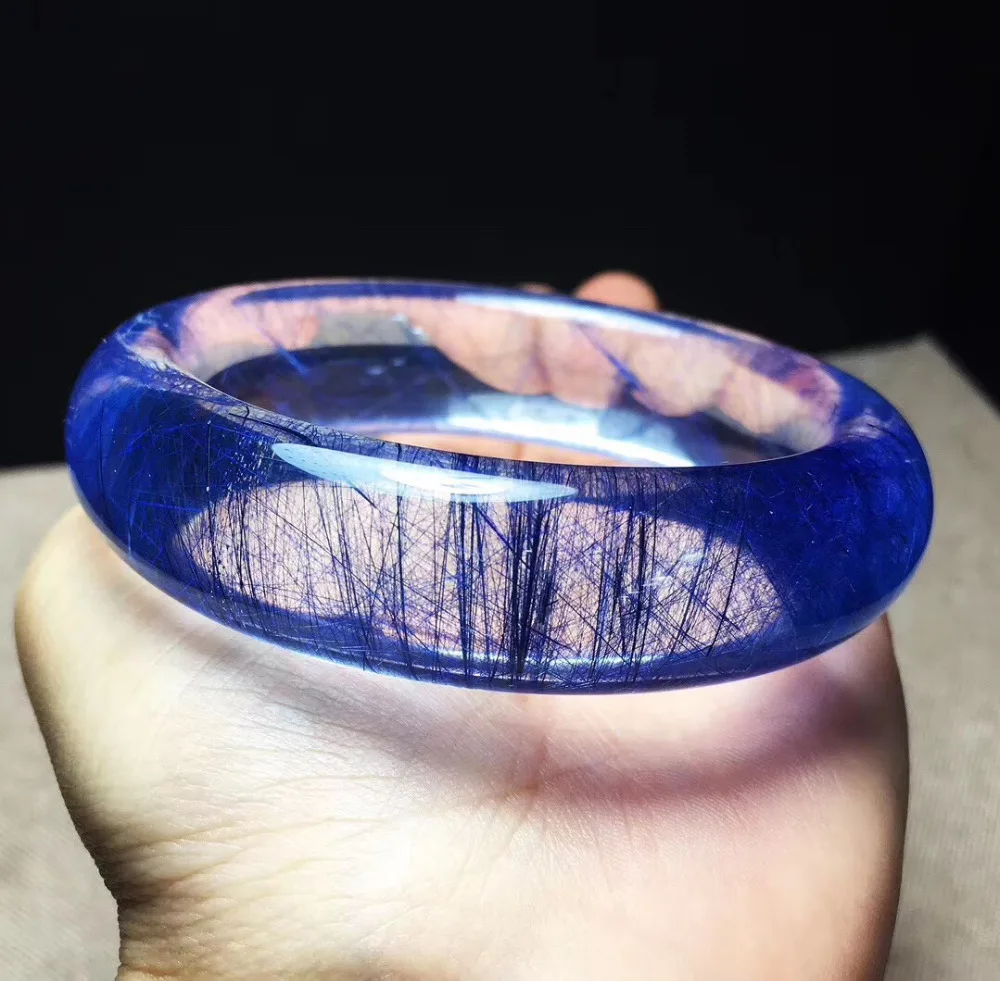 

Genuine Natural Blue Rutilated Quartz Crystal Bangle 57mm Brazil Round Beads Gemstone For Woman Lady Gift Bangles AAAAAA