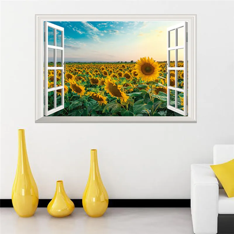 

3D Window View Sunflower Wall Stickers for Kids Rooms Nursery Baby Bedroom Children Decals Art Vinyl Murals Diy Home Decoration