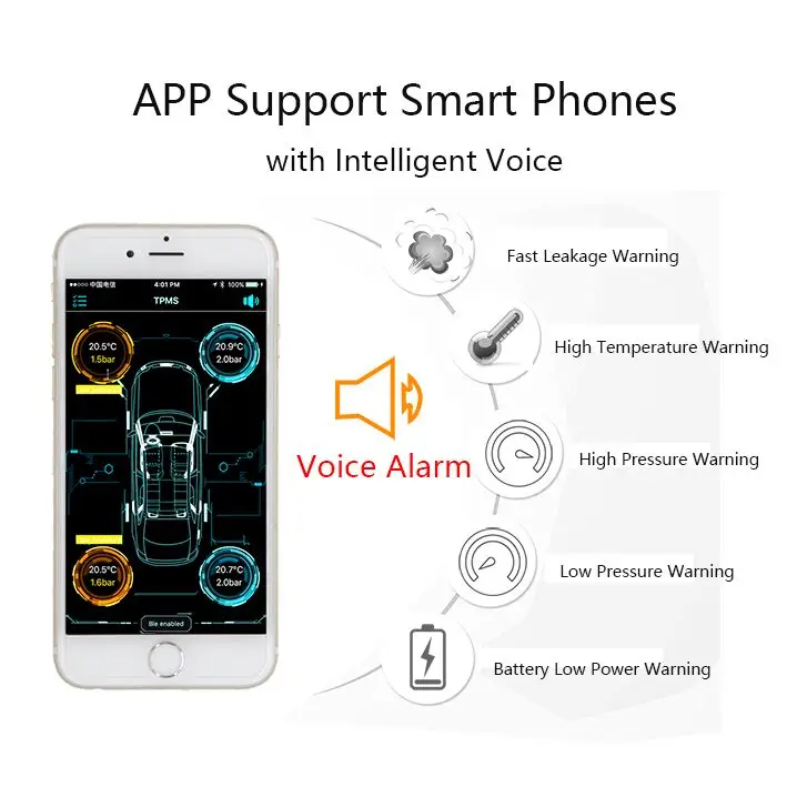 VC601 2018 New Smart Car TPMS Bluetooth 4.0 Pressure Monitoring System with LCD Display and App Monitoring 4 Sensors