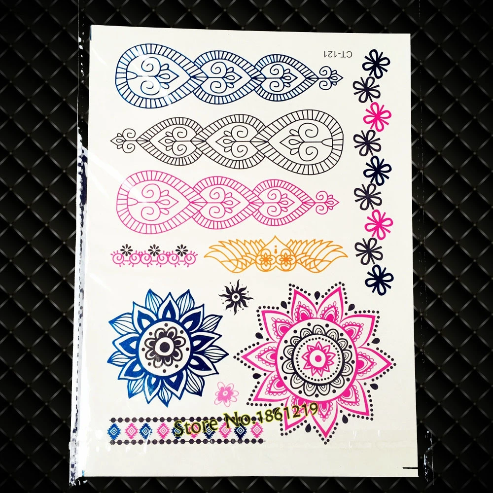 

New Fashion Pink Blue Metallic Tattoo Henna GCT121 Indian Chain Tattoo Sun Flower Arm Sleeve Makeup Flash Temporary Tattoo Paste