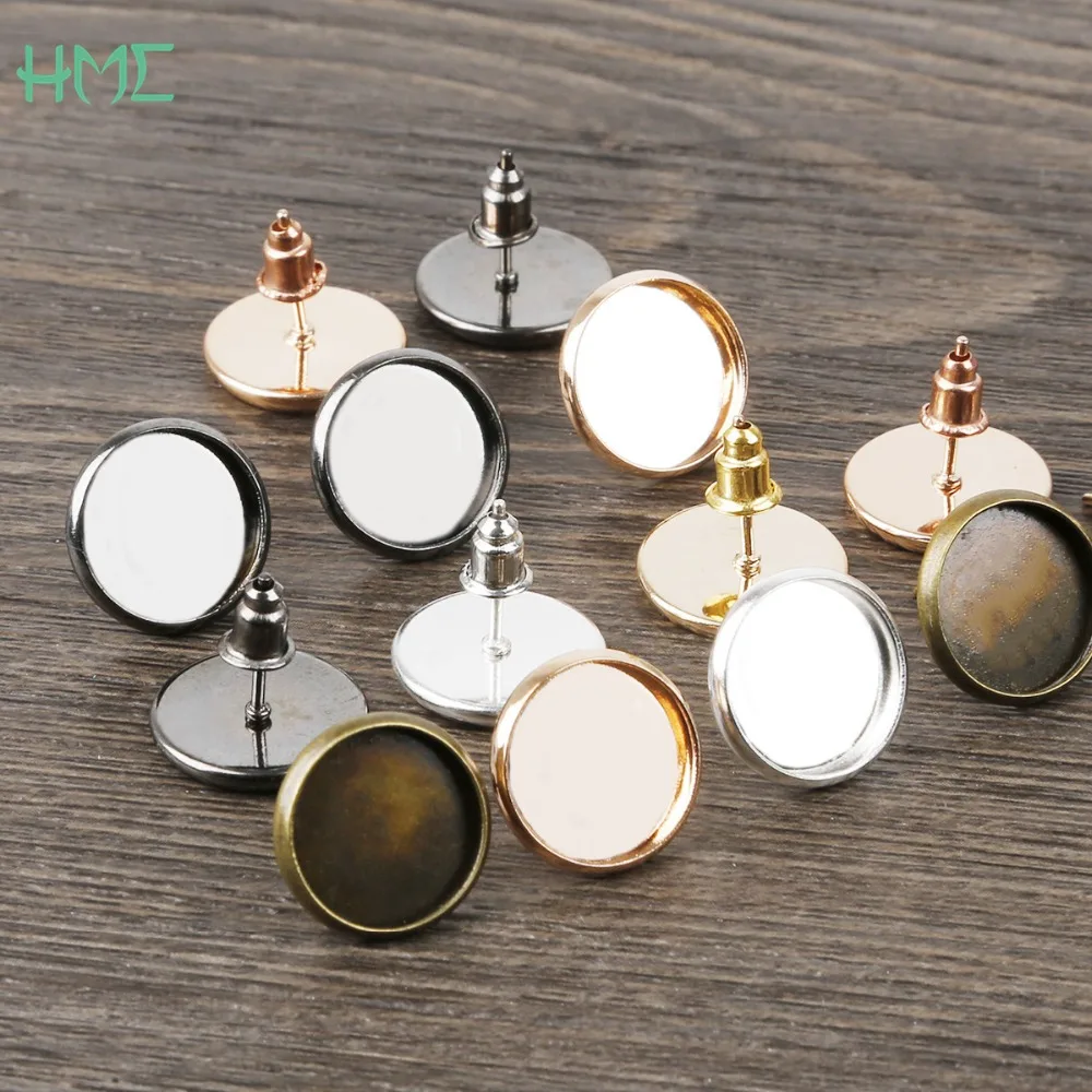 

12mm 10pcs 6 Colors High Quality Iron Earring Studs(with Ear plug) Base Fit 12mm Glass Cabochons