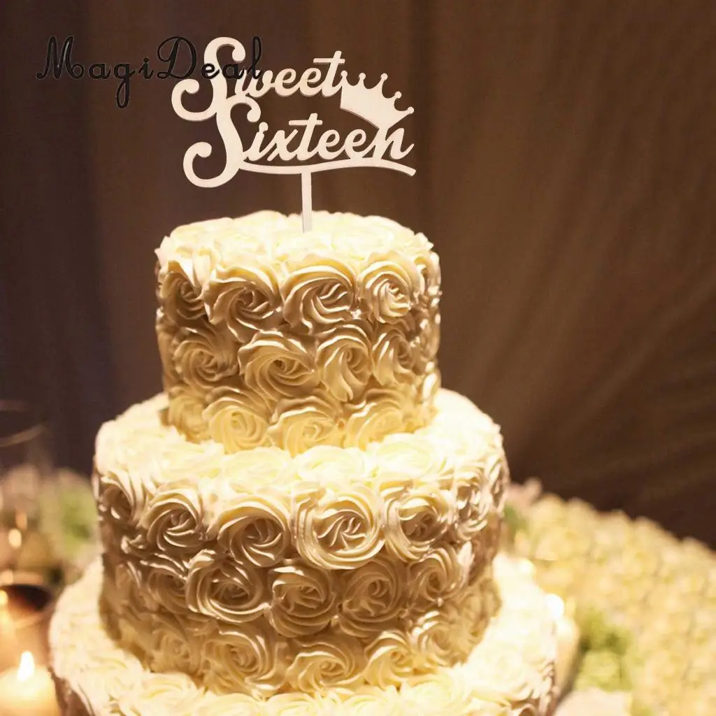 MagiDeal Delicate Design 1Pc Rustic Wooden Sweet Sixteen Cake Topper 16th Birthday Party Cake Decoration 15.5 x 13 x 0.4cm Brown