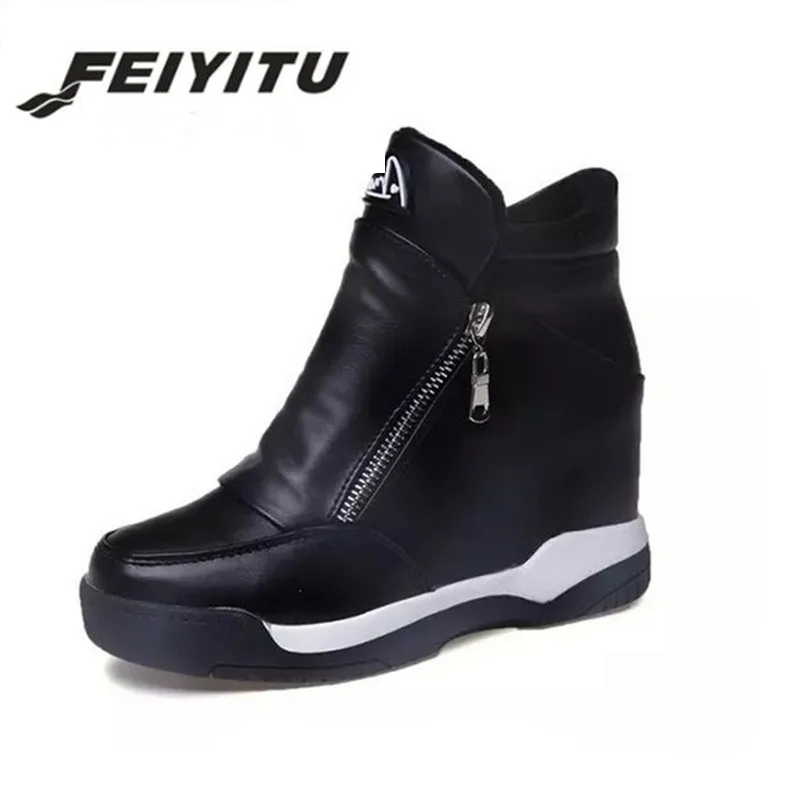Feiyitu 2018 зимняя женская кожаная повседневная обувь увеличивающие рост ботильоны