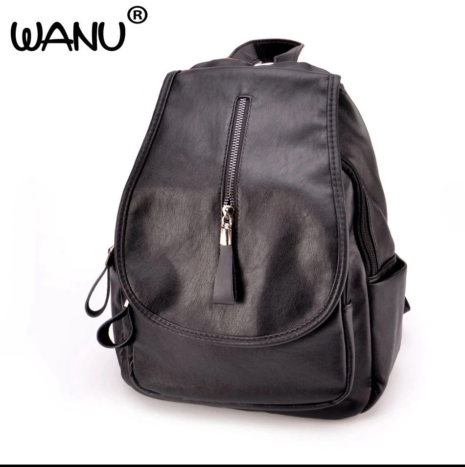 WANU Black Fashion Backpack Women Backpacks Leather School Bags For Girls Travel Shoulder Bag Female High