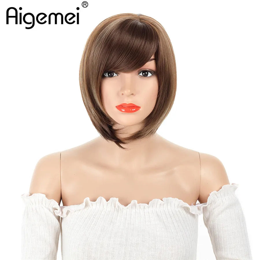 

Aigemei Short Straight Bobo Wigs Mixed Blond and Brown Highlighted Bob With Bangs Synthetic Women Cosplay Or Party Bobo Wig