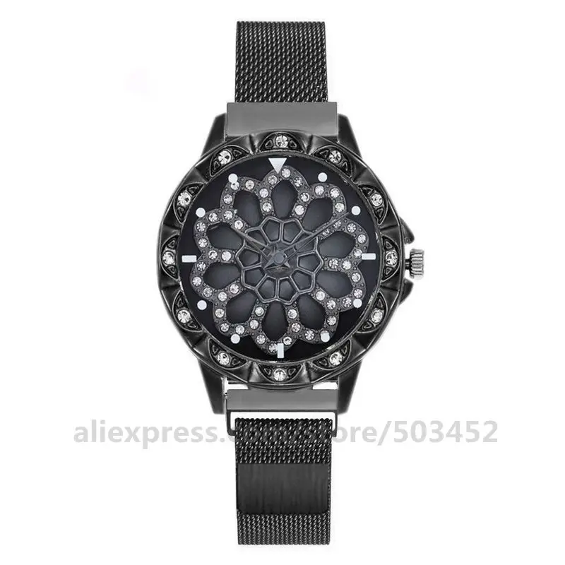 

100pcs/lot Unique Rotatable Diamond Flower Dial Alloy Crystal Case Fashion Luxury Magnetic Belt Ladies Wrist Watch