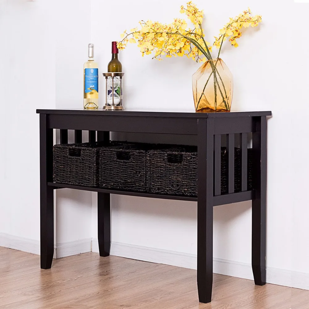 Giantex Wooden Rectangle Side Storage End Table Home Office Furniture 3 Foldable Baskets Home Furniture HW54677