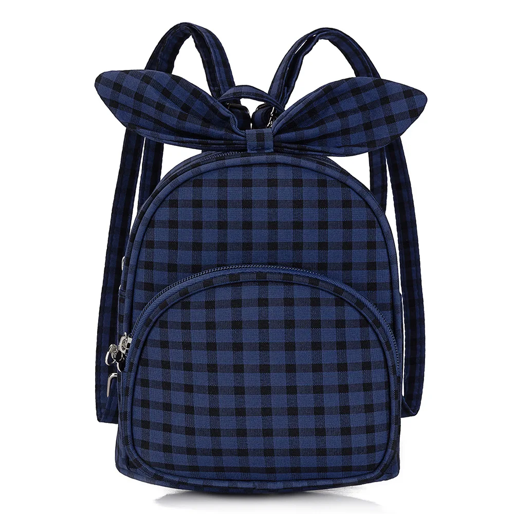 Новая простая милая сумка в клетку для девочек с двойным плечевым бантом, женский рюкзак в консервативном стиле, дизайнерский школьный рюкзак для детского сада - Color: Dark Blue