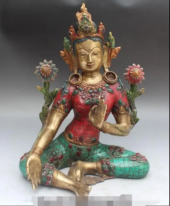 

S5429 13"Tibet Buddhism Turquoise & Coral Bronze Gilt Green Tara Goddess Buddha Statue