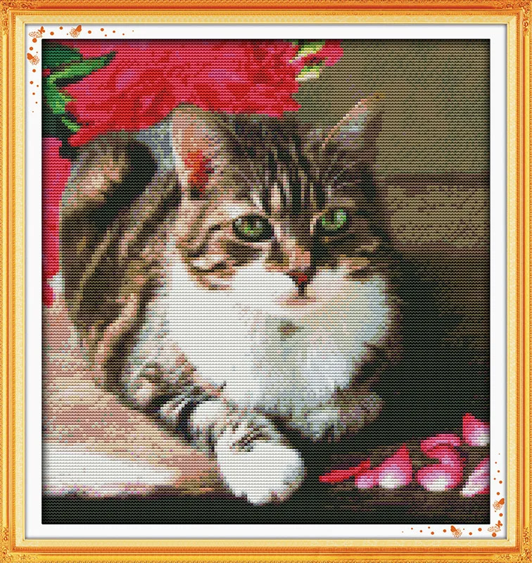 사랑스러운 고양이 십자가 스티치 11CT 인쇄 된 14CT 크로스 스티치 DIY 중국어 목화 크로스 스티치 키트 자수 바느질 세어