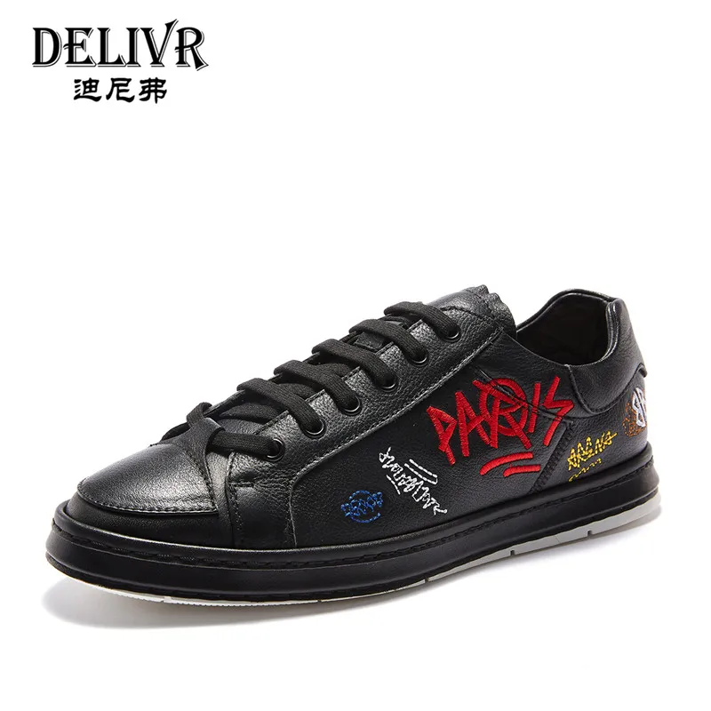 

Delivr Shoes Men Sneakers 2019 Embroidery Fashion Black Casual Mens Shoes Genuine Leather Male Outdoor Flats Men Shoes Sneakers