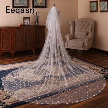 

2020 Luxury Handmade Flowers 3.5M Long Bridal Veils Two Layer Ivory Cathedral Wedding Veil With Comb Voile Mariage