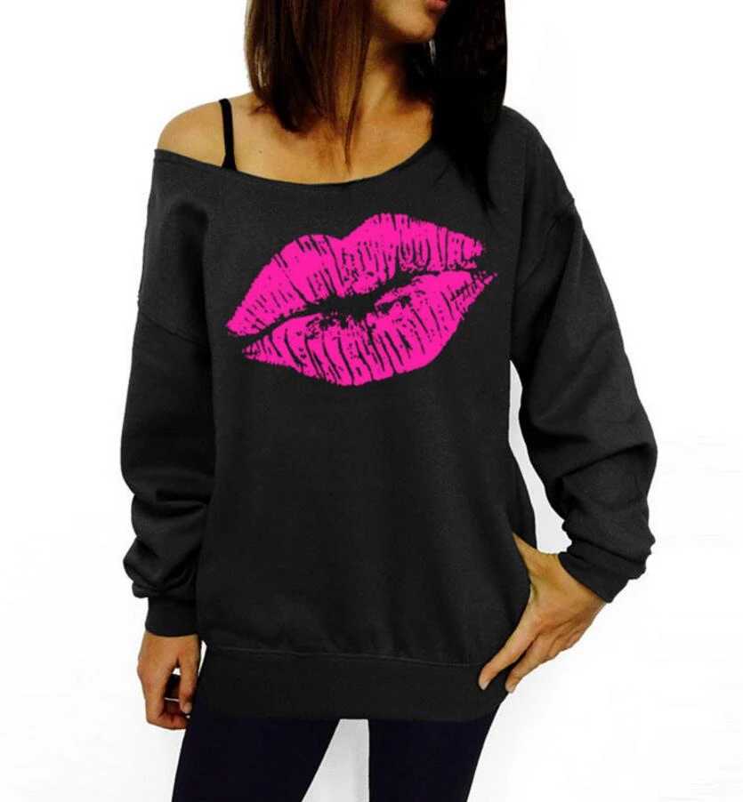 Sudaderas de talla grande de Primavera de 2018 para mujer, sudaderas sexis con labios rojos bts con estampado hombros descubiertos, sudaderas con capucha negras larga|pullover hoodie|black pulloversweatshirt for