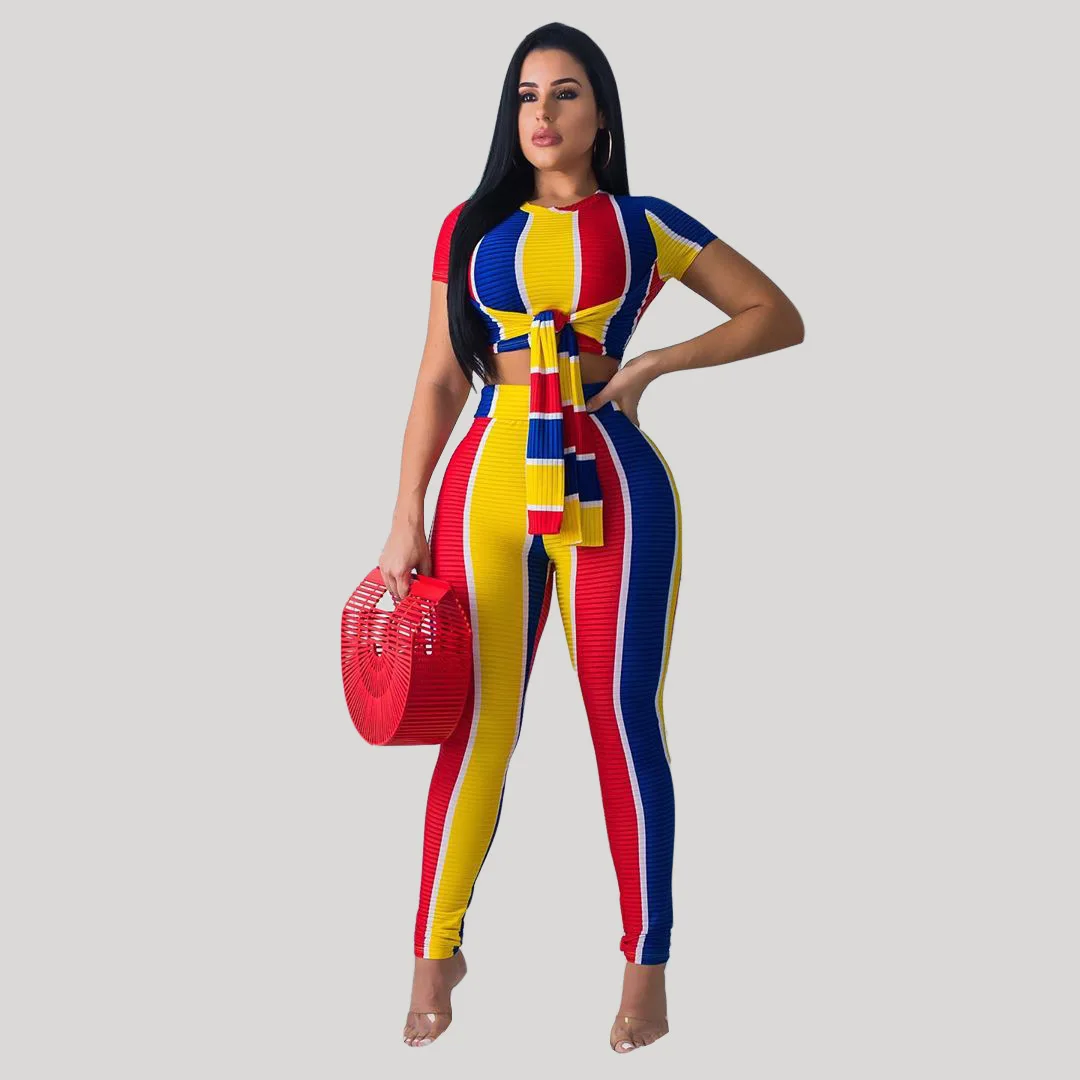 

2019 New Rainbow Striped Print Bow O-Neck Top & Long Pants with Elastic Waist Suit Two Piece Set Sporty Party Vacation Outfit