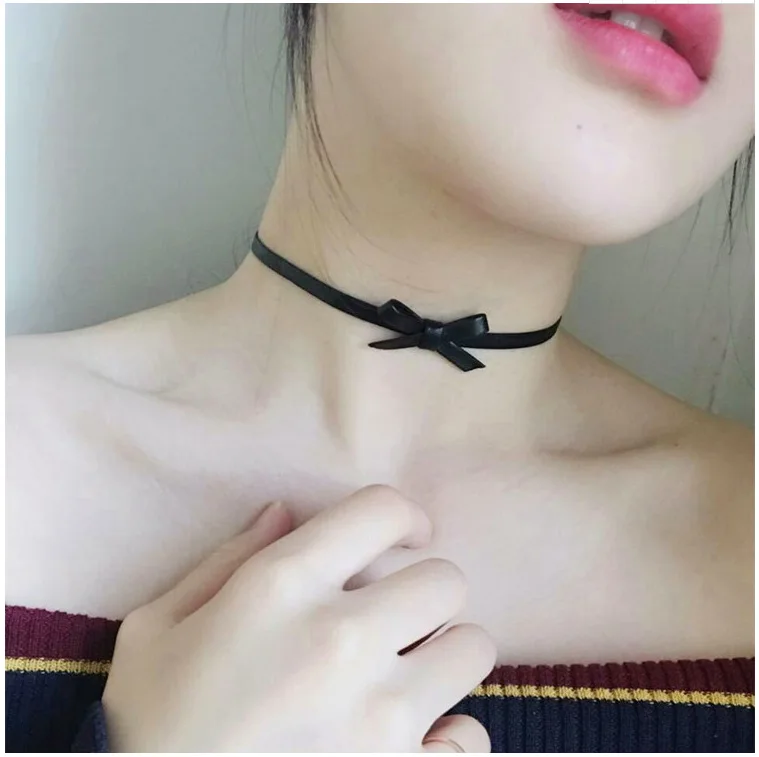 

Cute Girls Simple Black Leather Choker Necklace Women Bowknot Chocker Colar Gothic Clavicle Necklace Femme Collar kolye Collier