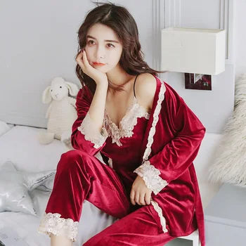

Yidanna Pajamas Set for women Sexy Sleepwear Lady Lace Nightwear Sleeveless Homewear Casual Long Pants Autumn Suit Female Cloth