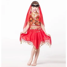 Представление Индийский Болливуд танцы 4 шт. набор монеты головной убор Топ юбки для детей золотой браслет дети индийский костюм