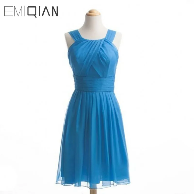 

Freeshipping Real Photos Simple Scoop Pleated Knee-length Chiffon Bridesmaid Dress for Wedding Party