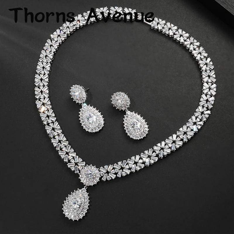 

New Fashion AAA+ CZ Bohemian Earrings And Necklace Sets Valentines Bridal Wedding Jewelry Sets Stainless Steel Set For Woman