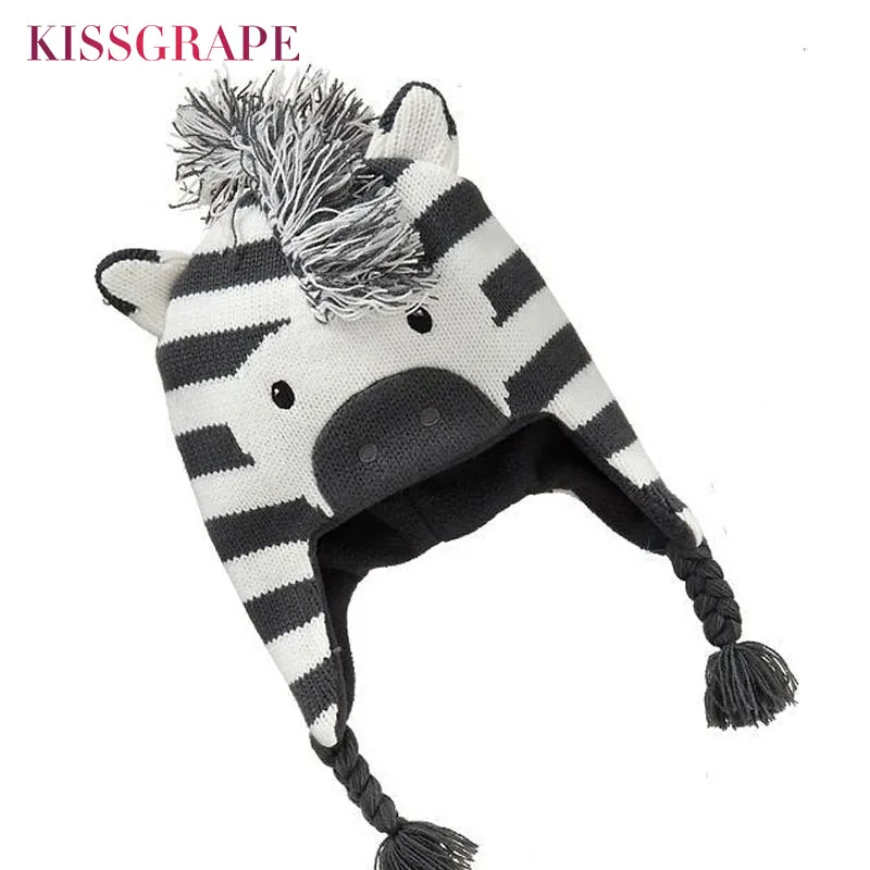 

Baby Boys Winter Warm Hats Cartoon Zebra Pattern Caps Kids Knitted Caps Ear Flaps Beanies Children's Girls Cute Animal Sckullies