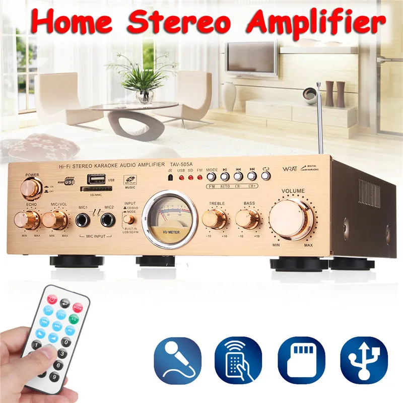 

TAV-505A 600W Stereo VU Meter 2 Channel 4 ohm Power Amplifier Support FM USB SD with Remote home Amplifiers