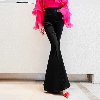 

2019 Spring Women High waist Pants Trousers Black Elegant Office Lady Zipper Fly Flare Hem Pants Casual Solid Minimalist Pants