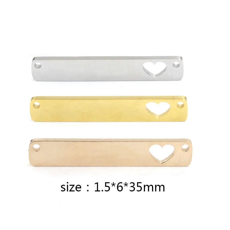 

Silver/Gold/Rose Gold Stainless Steel Blank Stamping Rectangle Bar Hollow Heart Connector Charm Pendant Mirror Polished 20pcs