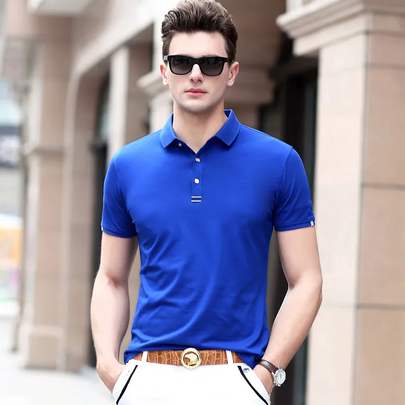 

2019 Men Short Sleeve Polos Para Hombre Blue White Black Cotton Blended Camisa Polo Masculina Turn-down Collar Casual Polo Homme