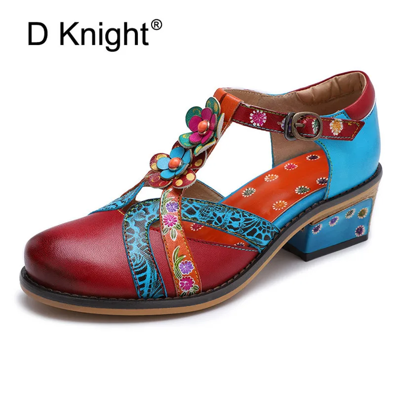 

D Knight Full Grain Leather Sandals Handmade Quality Women Shoes Spring Summer Square Heels Genuine Leather Pumps Big Size 36-42