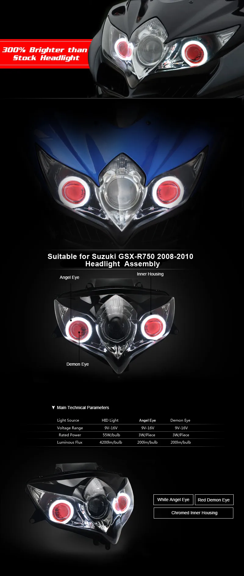 Ktヘッドライト用スズキgsxr750 Gsx R750 08 10 Ledエンジェルアイ赤い悪魔アイオートバイhidプロジェクターアセンブリ09 Headlights For Headlights Headlightheadlights For Motorcycle Aliexpress