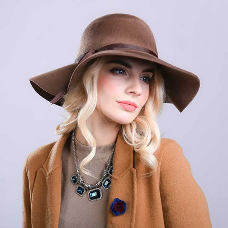 

Fibonacci High Quality Women Wool Brushed Felt Fedora Hat 10cm Big Brim Solid Color Elegant Dome Fedoras