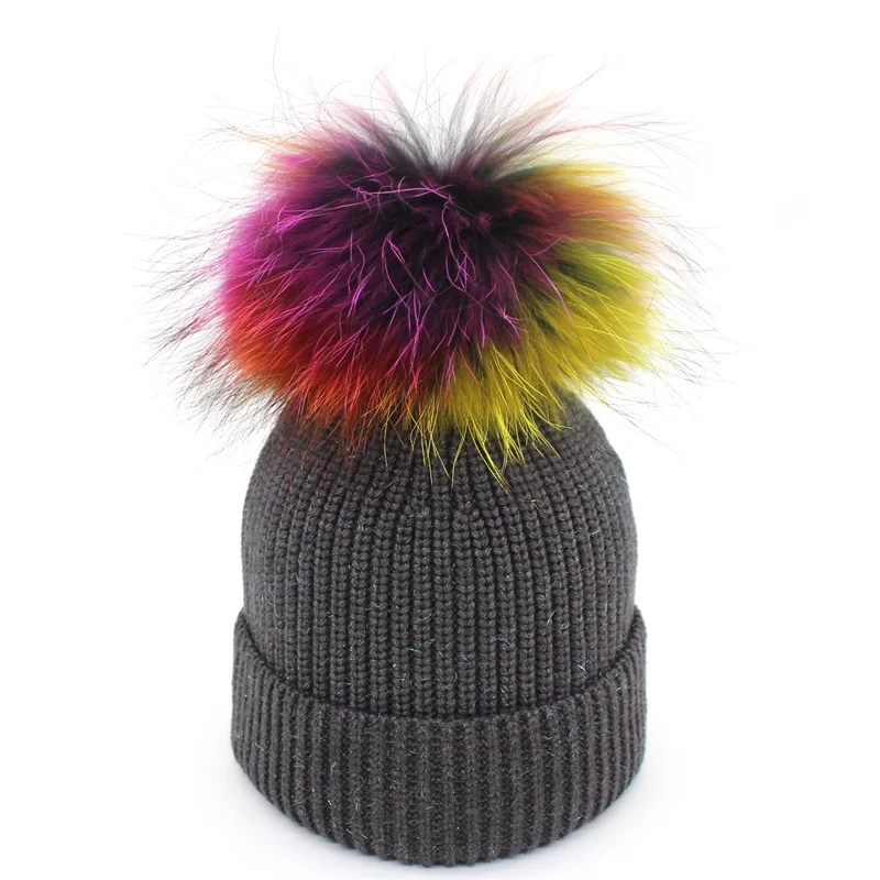 Lanxxy яркий Шелковый вязаный зима Шапки для Для женщин девочек помпоном Hat Настоящее комбинированного меха шапочки Skullies шапки Gorro - Цвет: black