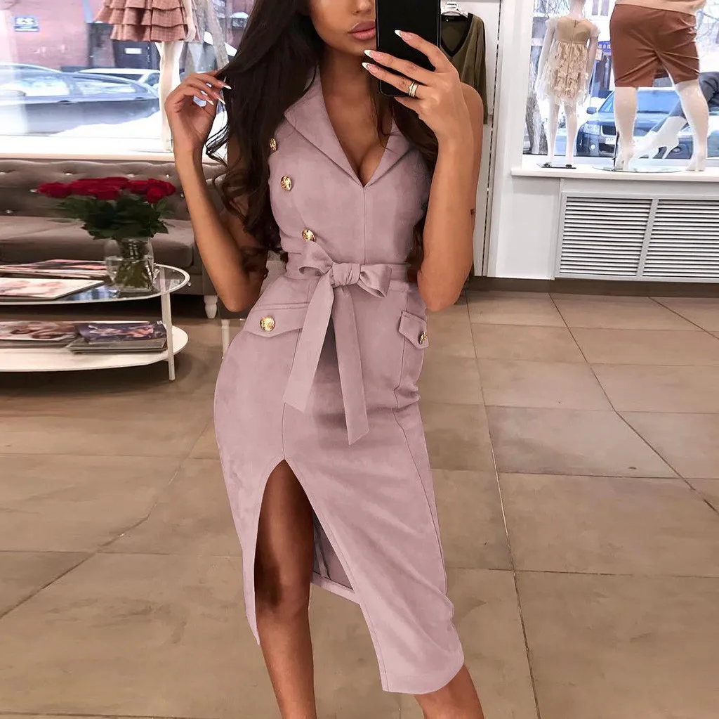 

Vintage Sexy Women Summer Sleeveless V Neck Slit Up Dress Party Dress women summer elegant solid dress 2019 popular