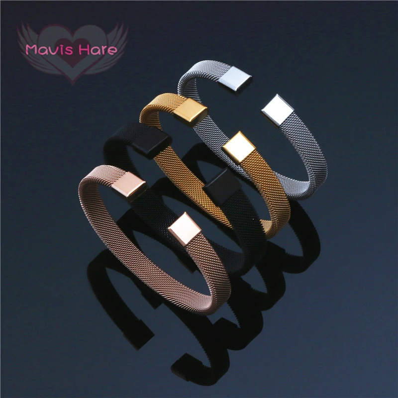 

Mavis Hare Newest C Shape Cuff Open Stainless Steel Mesh Bracelet & Bangle 4 Color Mixed as man women Fashion Jewelry