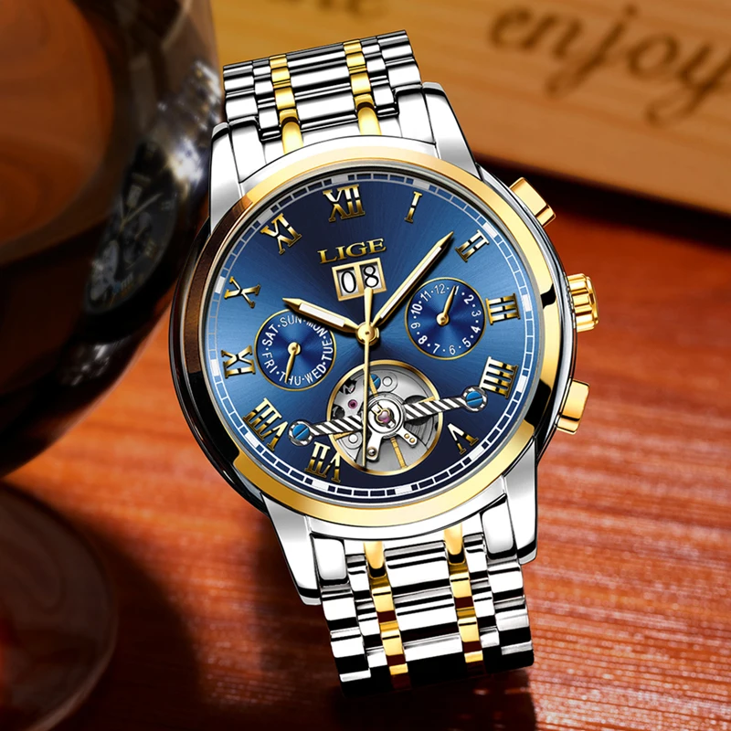 Топ Элитный бренд LIGE для мужчин s часы автоматические механические часы Полный сталь Бизнес водонепроницаемые спортивные часы Relogio Masculino