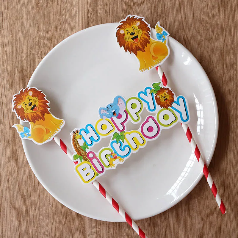 Lion Минни торт Топпер с бумажной соломинкой для детского душа украшения Anniversaire Микки флажки для торта вечерние кекс - Цвет: Lion