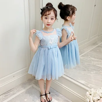 

Girls dresses 2019 summer new Kids Flower lace sleeveless Blue princess dress for girl age 2 3 4 5 8 9 10Years Children Clothing