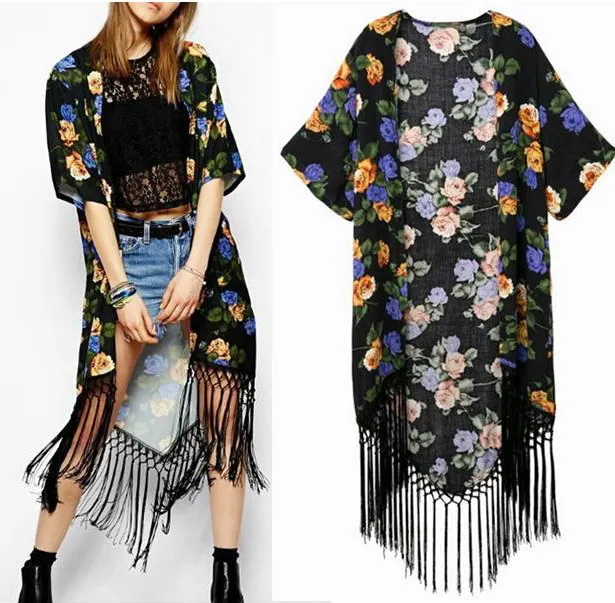 Long Floral Kimono Cardigan Tassel Kimonos Ladies Print