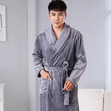 Мужской осенне-зимний халат мягкая тепловая фланеливая ткань Халат с длинными рукавами Одноцветный халат гладкая хлопковая Домашняя одежда гостиничные халаты