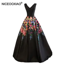 NICEOOXIAO Negro Retro Impresión de la Flor Del Vestido de Noche de La Novia Del Banquete V-cuello Piso-longitud Del Partido de Largo Prom Vestidos
