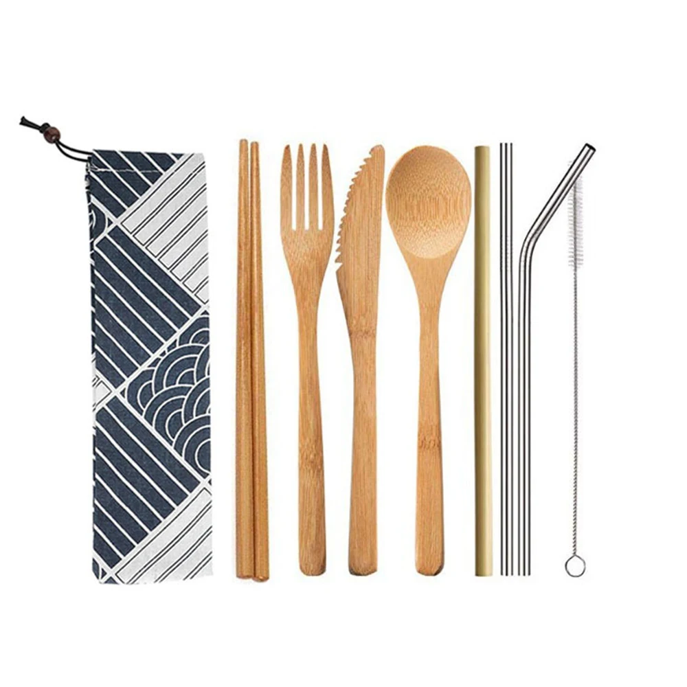 

1set Wooden Flatware Cutlery Set Metal Bamboo Straw Dinnerware Set With Cloth Bag Knives Fork Spoon Chopsticks Travel Wholesale