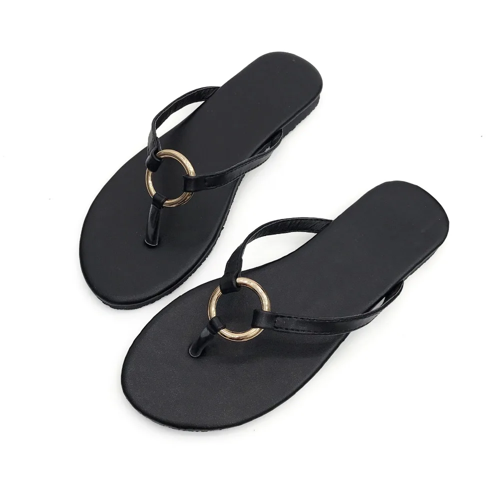 Women Mental Ring Flip Flops Lady Flat Heel Summer Slippers Dress Beach