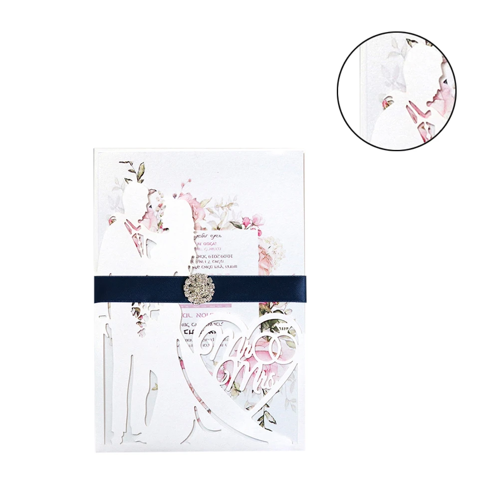  Bride and Groom Paper Cut Silhouette Laser Hollow Wedding Invitation Card with Ribbon for Wedding P - 33052581714