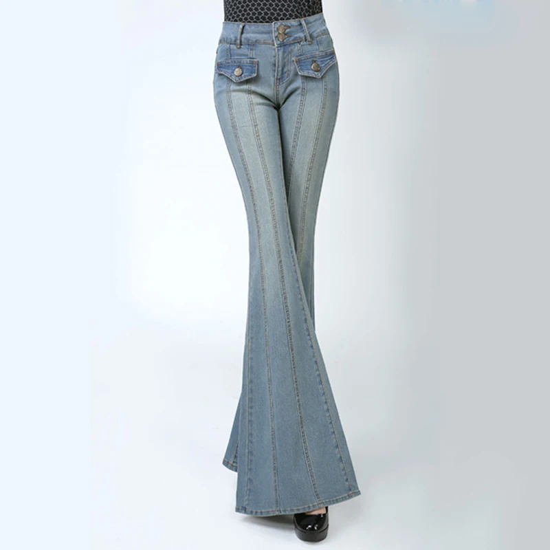 

Hot Sale 2016 Women Vintage Denim Pants Casual High Waist Flare Wide Leg Long Pants Palazzo Trousers Jeans femme Plus Size C467