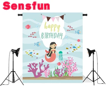 

Children Birthday Party Vinyl Photography Background Cartoon Characters Little Mermaid Backdrops for Photo Studio 5x7ft
