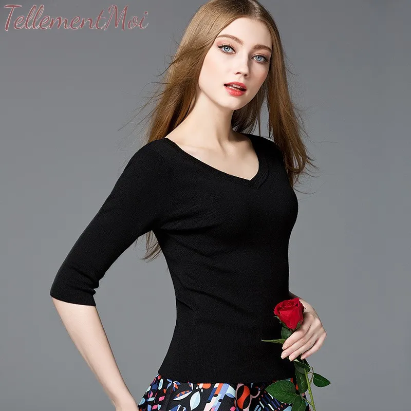 Women Solid Base Knitted T-Shirts V Neck Half Sleeve Sweaters Thin Elegant Wild Office Layd Slim Pullovers Bottoming Shirt Tops Women Solid Base Knitted T-Shirts V Neck Half Sleeve Sweaters Thin Elegant Wild Office Layd Slim Pullovers Bottoming Shirt Tops