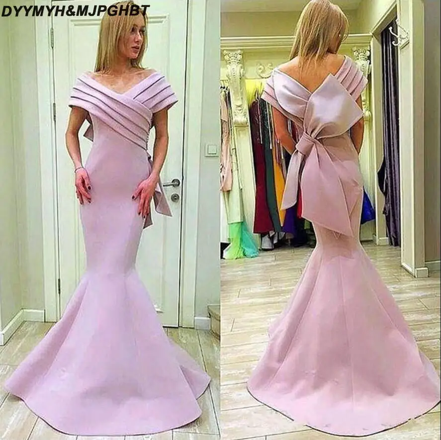 Mnm Couture Pink Stain Big Bow Mermaid Prom Formal Dresses 2018 New Off Shoulder Plus Size Full length Dubai Arabic Evening Wear Gown_