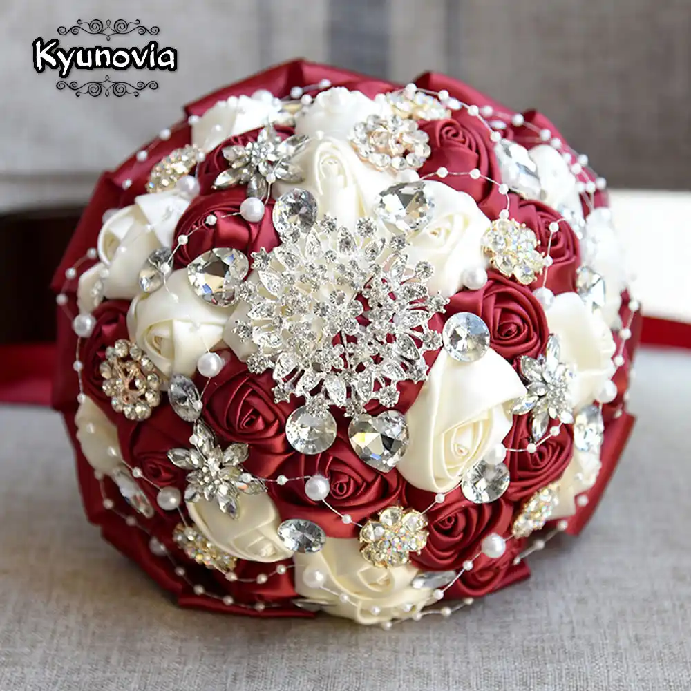 Kyunovia Burgundy Brooch Bouquet Ivory Bride Bouquets De Mariage Artificial Crystal Wedding Flowers Buque De Noiva 4 Colors Fe86 Buque De Noiva Brooch Bouquetbouquet De Mariage Aliexpress